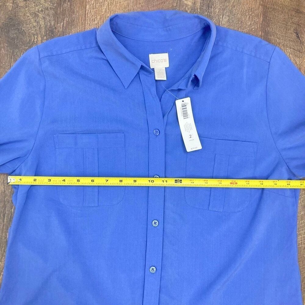 Chico's Silky Soft Long Shirt Button Front Short Sleeve Top Smokey Blue sz 2/ L - Picture 6 of 8